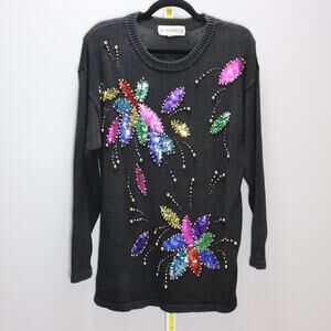 Victoria‎ Harbour Sequin Beaded Black Sweater Tunic Size L